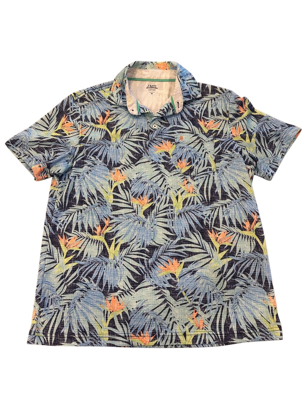 Izod Men’s Navy Blue Tropical Floral Polo with Orange Accents